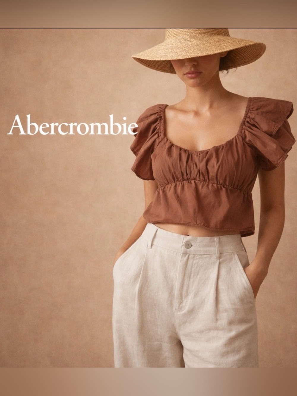 Abercrombie & Fitch Brown Ruffle Puff Sleeve Crop Top Smocked Boho Size XS